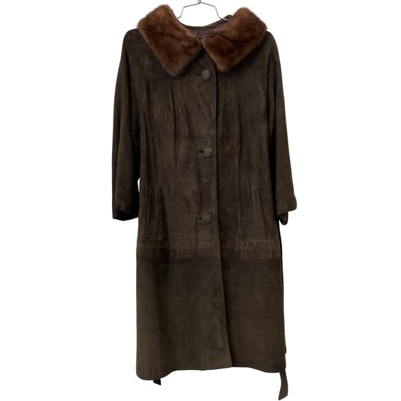Vintage 60s Button Front Soft Suede Coat Womens 8 Fur Collar Brown Outdoor Winte